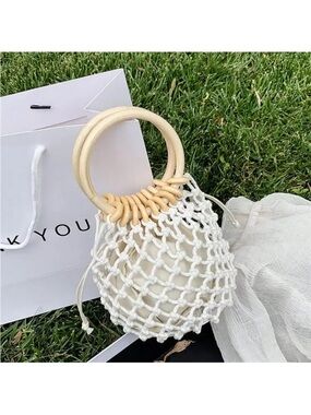 Cream Macramé Bucket Bag with Wooden Handles
